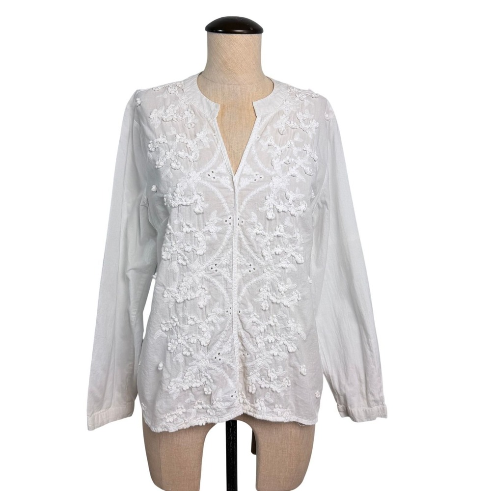 Liv Los Angeles White Cotton Embroidered Eyelet V-Neck Blouse Top‎ Small